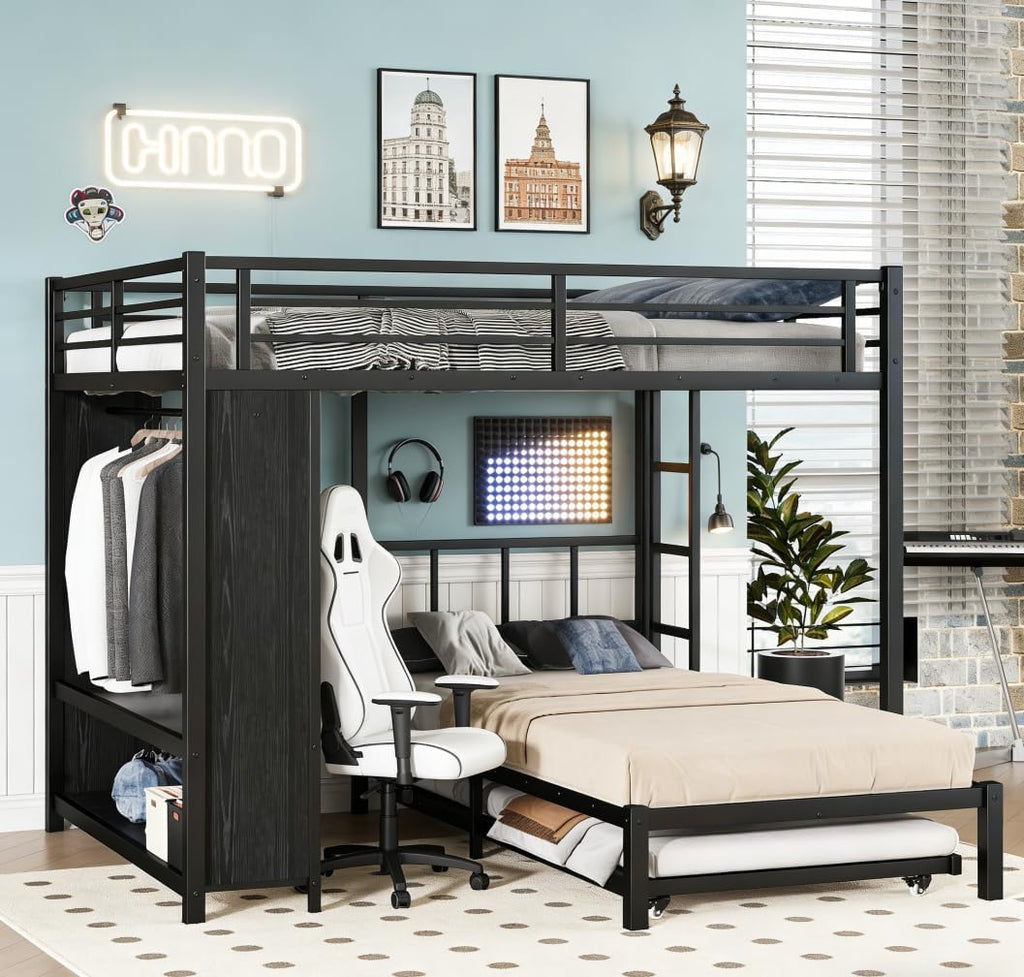Queen Over Twin XL bunk Bed with Foldable Desk and Wardrobe and Twin Trundle, loft Bed with Desk and Desk