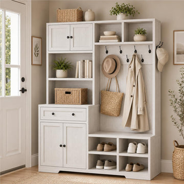 5-in-1 Hall Tree with Bench and Shoe Storage, 51" W Entryway Organizer Coat Rack with 9 Hooks, 2 Storage Cabinets