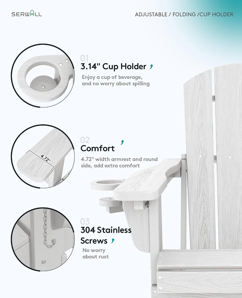 Folding Adjustable Adirondack Chairs Set of 2, Cup Holders, White | Adirondack Chair with 3 Recline Positions, All