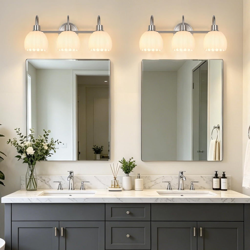 Bathroom Light Fixtures, 3-Light Brushed Nickel Bathroom Vanity Light Over Mirror with White Tulip Glass Shades