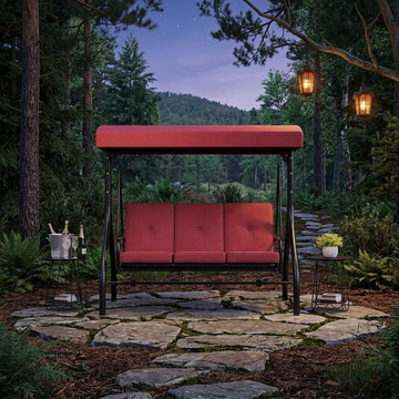 3-Seat Patio Porch Swing with Stand, Convertible Outdoor Swing Bed with Adjustable UV-Resistant Waterproof Canopy