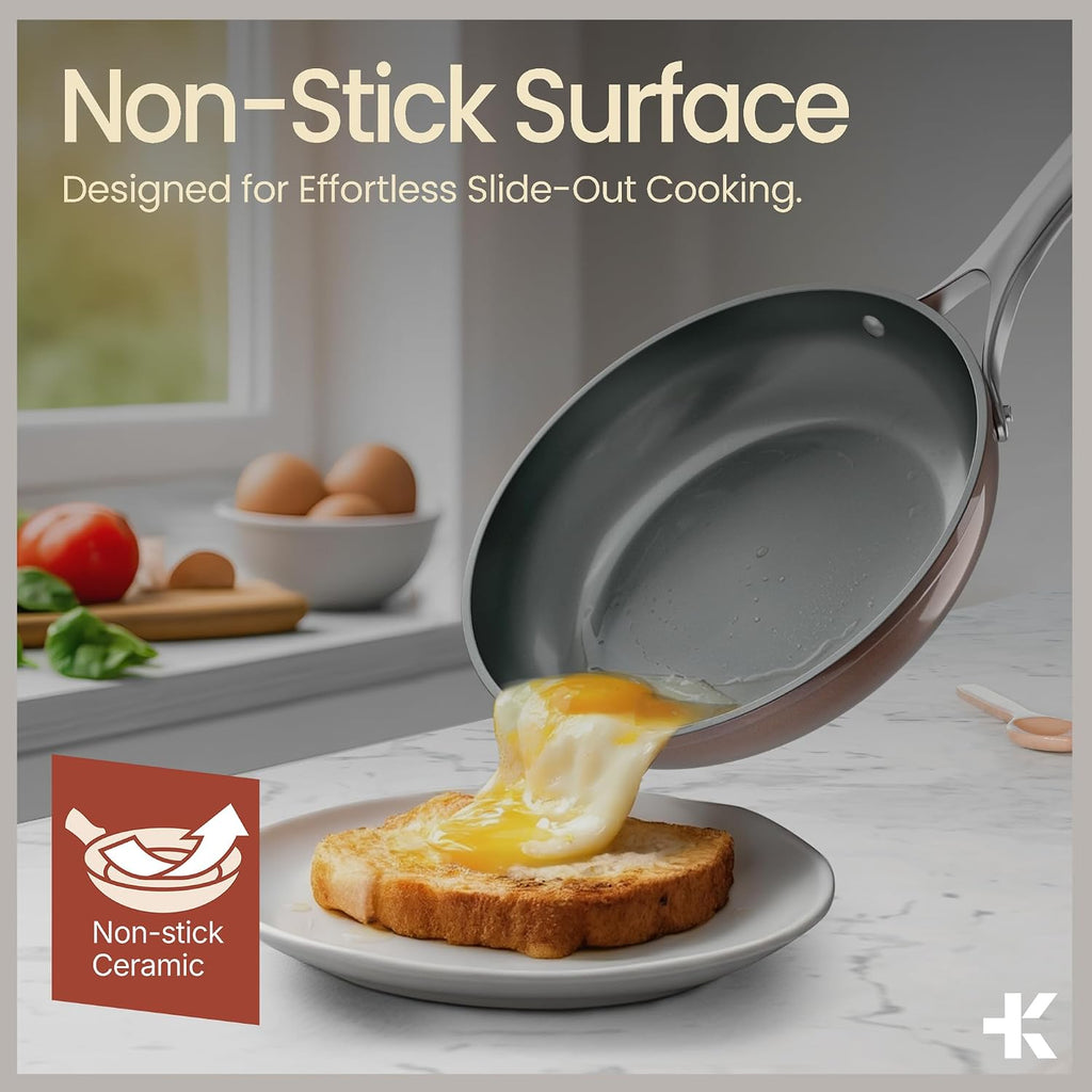 Crystal Kung Minkoff Ceramic Cookware Set - 14-Piece Pots and Pans Set with Lids, Silicone Utensils & Oven Mitts