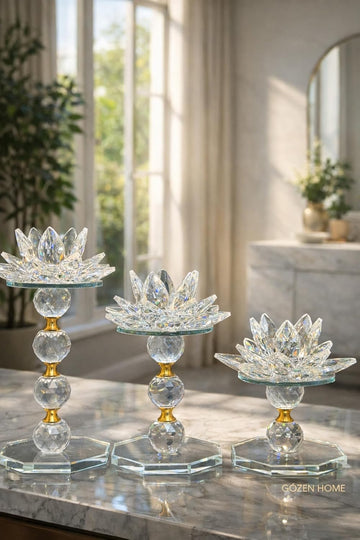 Quality Crystal Lotus Candle Holder Set 3 Piece Gold Detail Decorative Accent piece for Tables and Shelves Refined