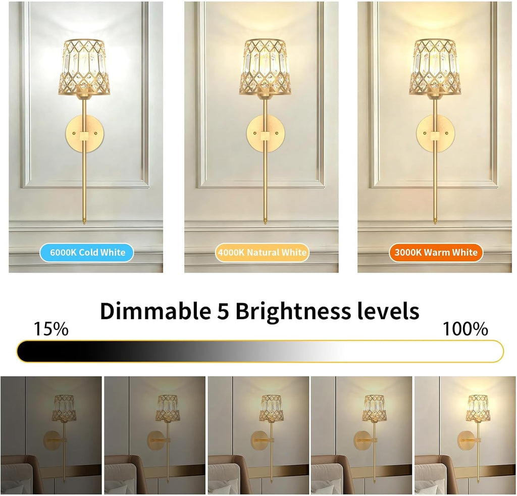Gold Battery Operated Wall Sconces Set of 2, Crystal Rechargeable Wireless Wall Sconce Light Fixtures for Home Decor