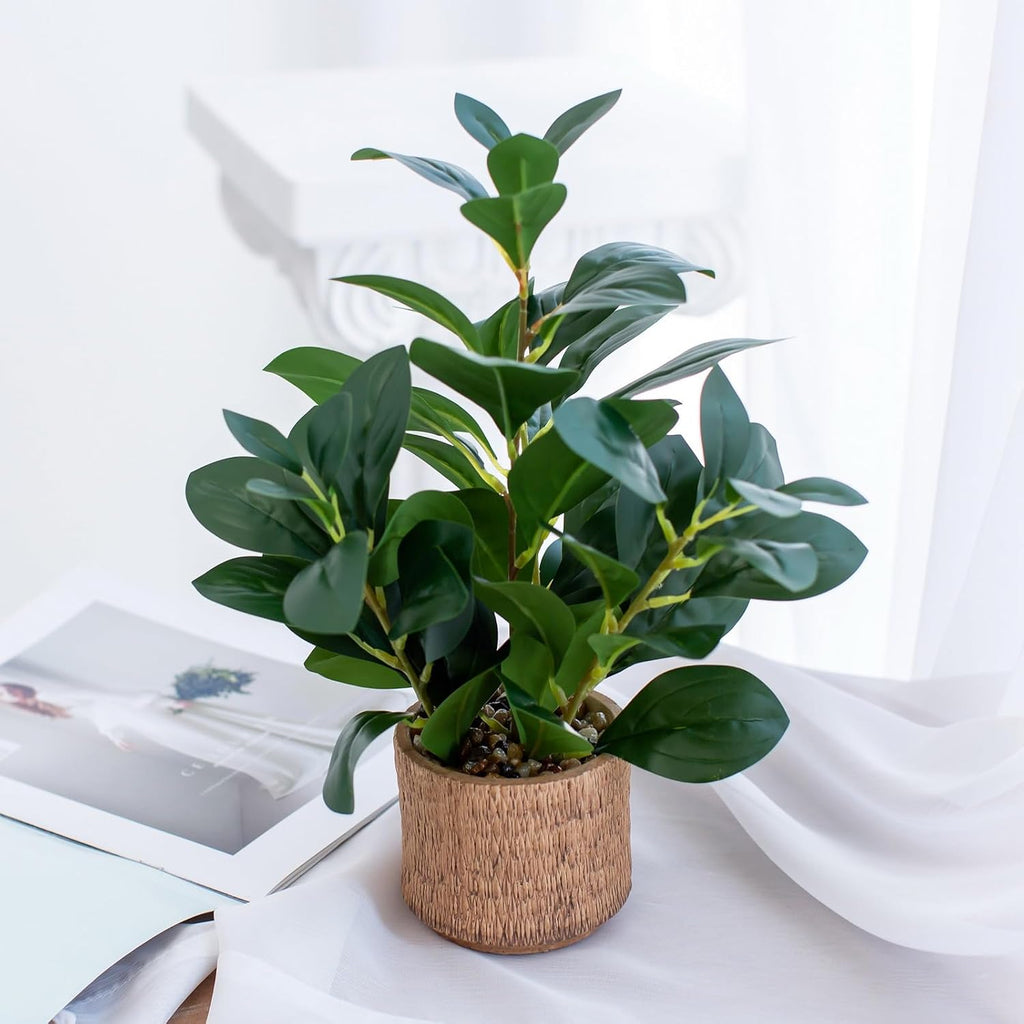 12.6" Fake Plants in Brown Ceramic Vase Realistic Ficus Leaf Faux Plant for Desk Book Shelf Bathroom Office Kitchen