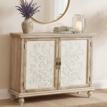 Storage Cabinet, Vintage Distressed Sideboard, Accent Cabinet with 2 Floral-Carved Doors, Buffet Cabinet with