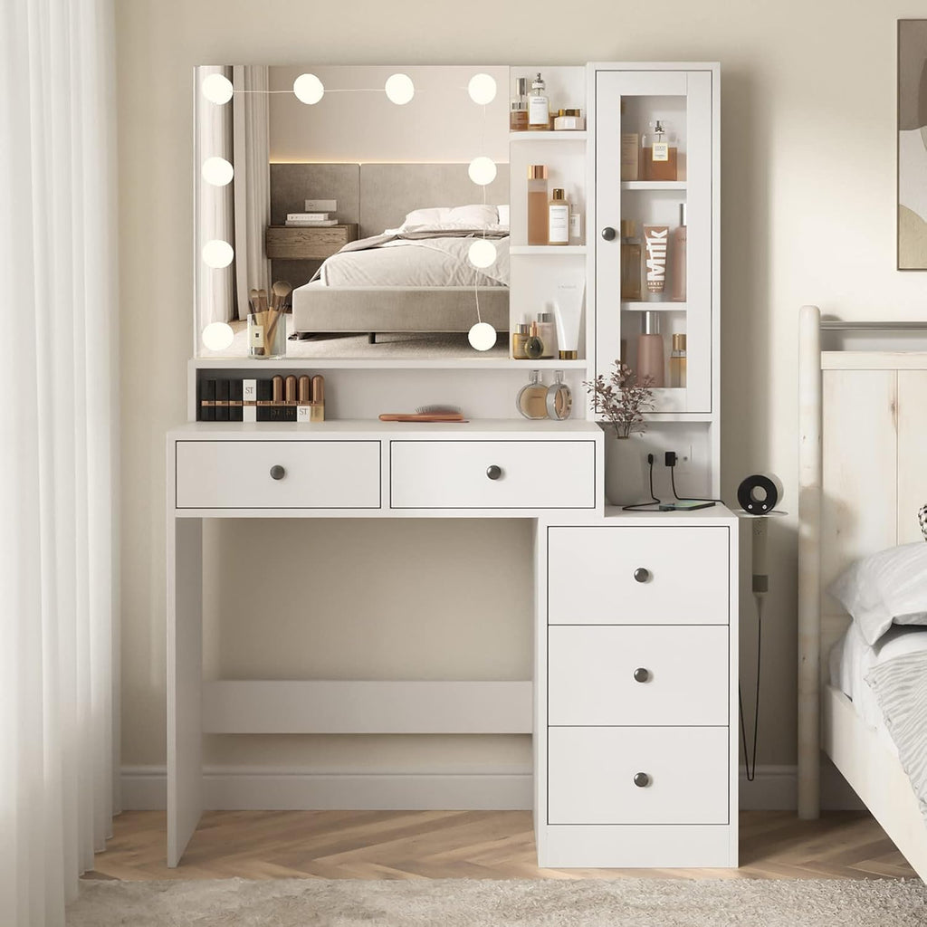White Makeup Vanity Desk with Mirror and Lights,Vanity Table with Power Strip and Lighted Mirror,Large Makeup Table
