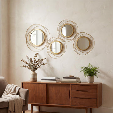 4 Piece Gold Round Wall Mirror Set Modern Metal Circles Decor