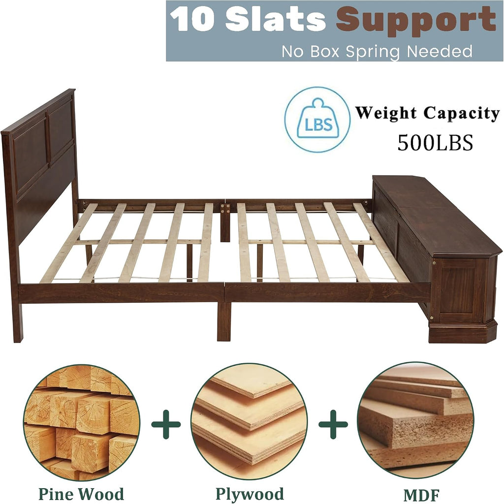 Farmhouse Queen Bed Frame with Tall Headboard, Rustic Solid Wood Platform Bed Queen with Storage Bench and 2 Large