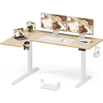 59" L Shaped Standing Desk with Cable Tray, Reversible, Oak