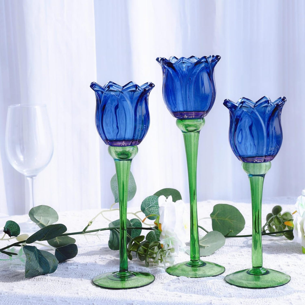 Blue Flower Tealight Candle Holder Set of 3 with Different Heights, Lovely Tulips Tea Light Candle Holder Glass Table