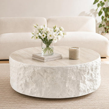 35.43" Round Coffee Table for Living Room, Modern Faux Marble Travertine Coffee Table, Sculptural Fiberglass Drum Cent