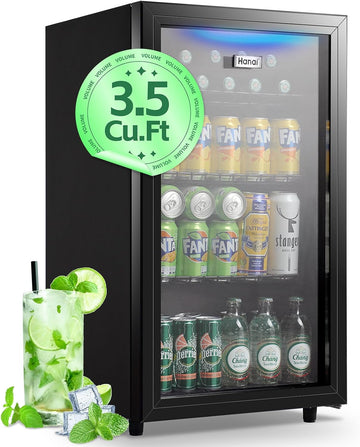 Beverage Refrigerator Cooler 3.5 Cu.Ft, 120 Can Mini Small Fridge with Glass Door LED Light and Adjustable Shelves for Soda Beer or Wine, Perfect for Home Bar Office, Black