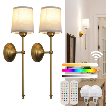 Battery Operated Sconces Wall Lighting Set of 2 with Fabric Shade