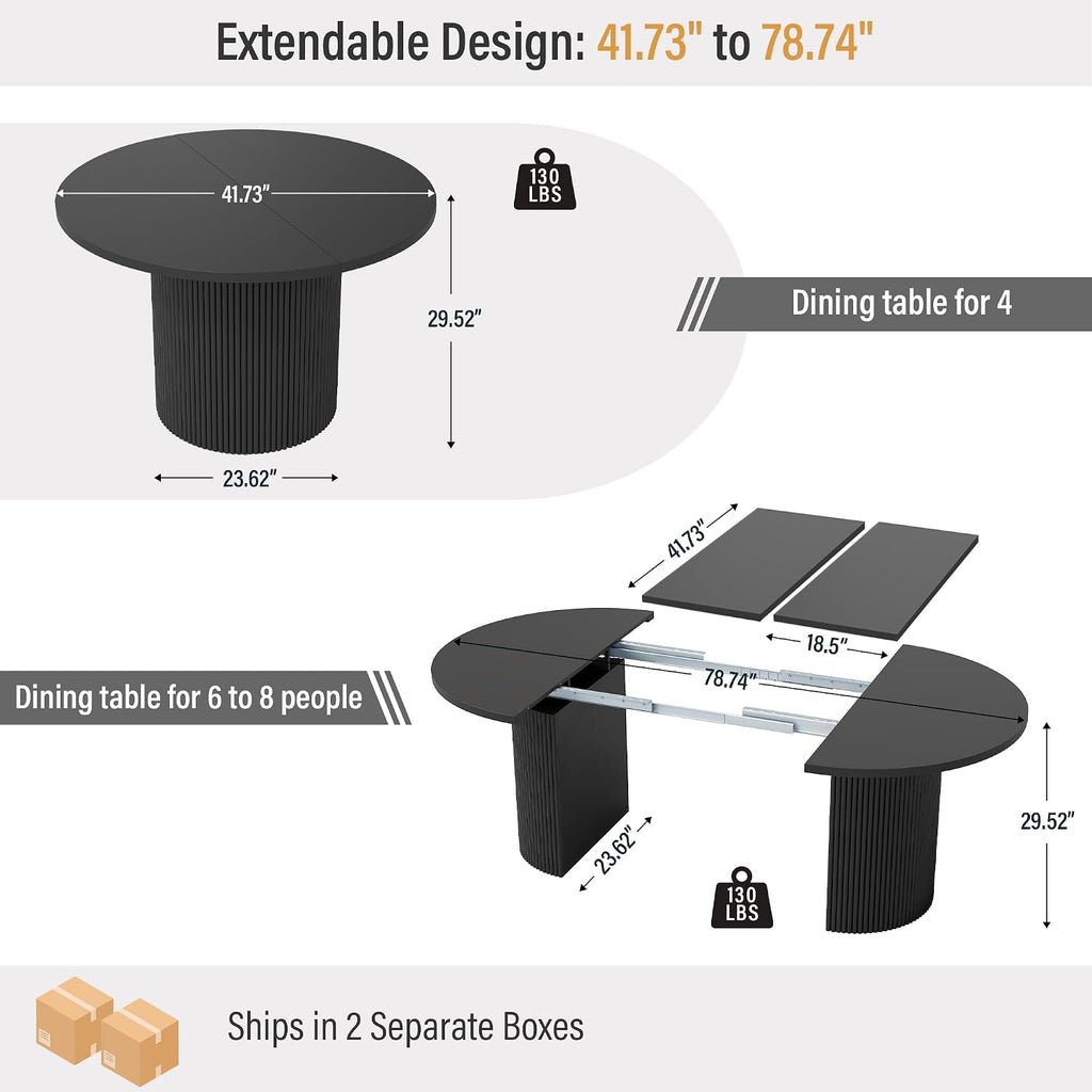41 in-78 in Extendable Dining Room Table for 4-8, Round Expandable Kitchen Table with Fluted Base, Modern Oval Dinner