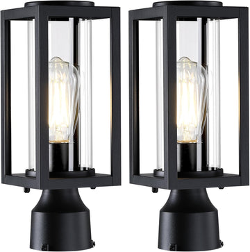Outdoor Post Lights Lamp Post Light Fixture 2 Pack, Modern Black Exterior Post Lantern Fixture with Tempered Glass