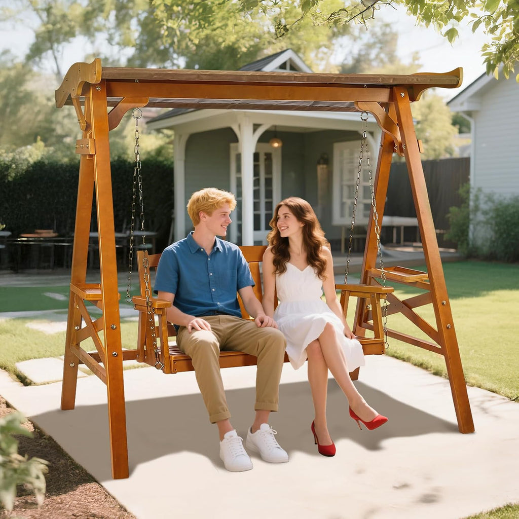 Porch Swing with Stand and Canopy, Waterproof Patio Swing, Brown | Waterproof Canopy; Sturdy Swing Stand; Built-in