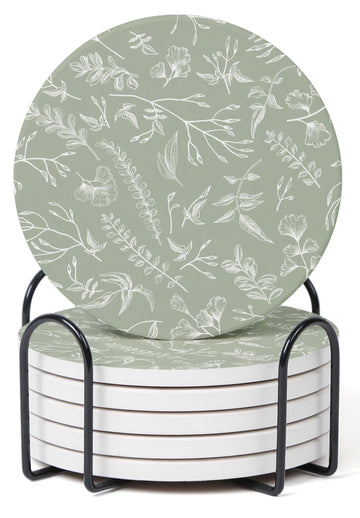 Set of 6 Floral Sage Green Coasters with Holder, Absorbent Ceramic Drink Coasters with Cork Backing for Table