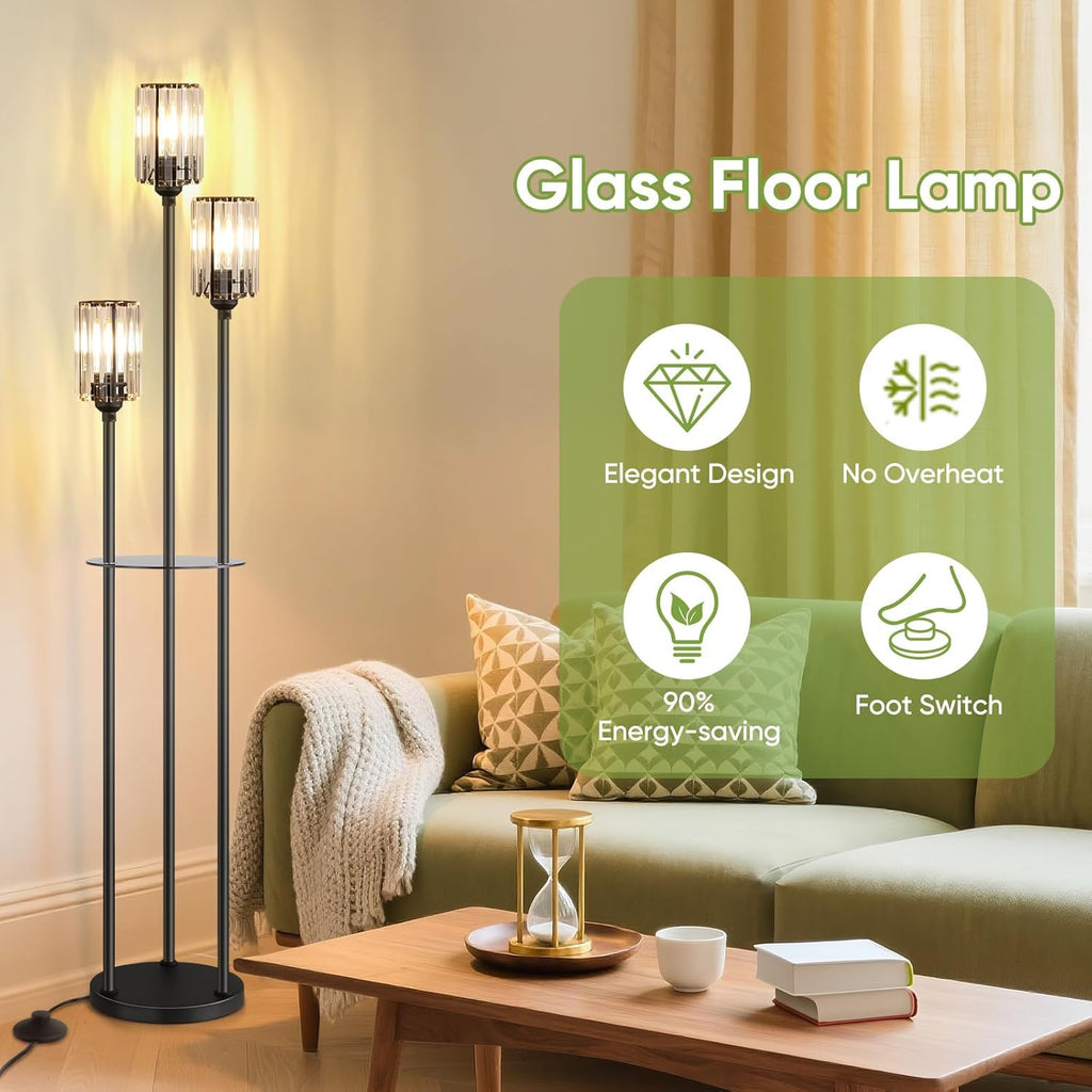 Crystal Floor Lamps, Glass Modern Floor Lamp with Shelves, Mid Century Standing Lamps with Table