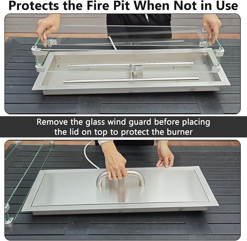 30 x 10 Inch Drop-in Fire Pit Kit, Premium Stainless Steel Modern Fire Trough with Tempered Glass Wind Guard, Burner Pan