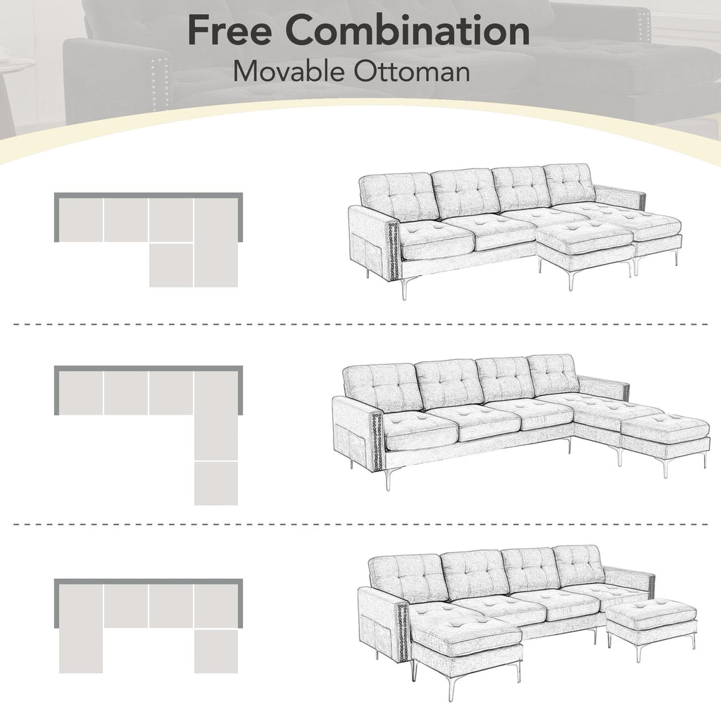 Velvet Modern Large Sectional Sofa (Black)