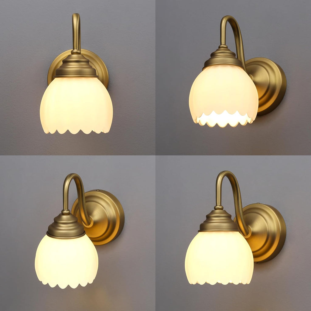Vintage Brass Boho Wall Sconces, Hardwired Wall Lights with Tulip Glass Lampshade, Brass Vanity Lamp Modern Wall