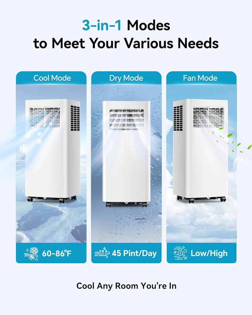 8000 BTU Portable Air Conditioner, 3-in-1 Cools 350 Sq.Ft, Quiet AC with Fan & Dehumidifier, LED Display, Remote