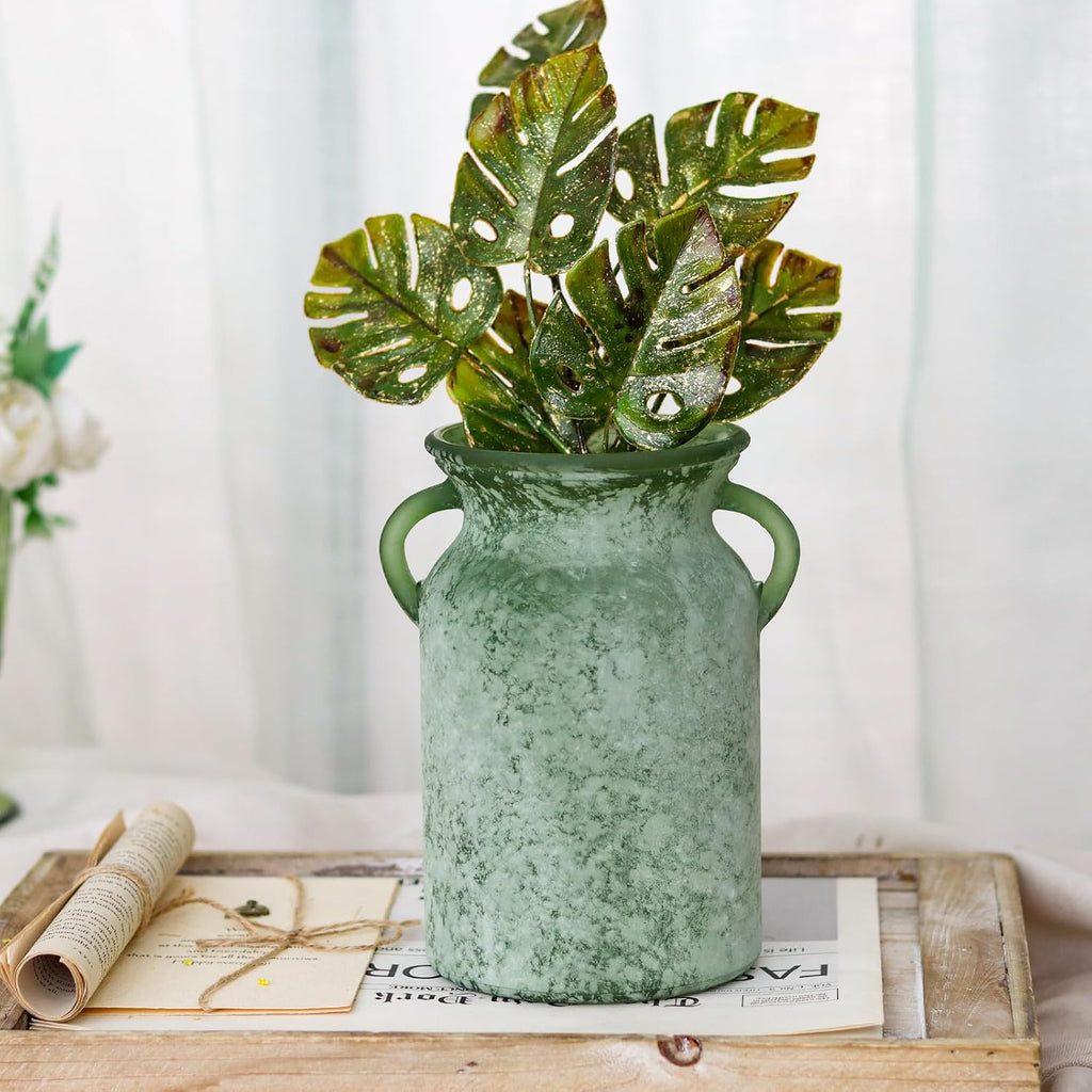 Glass Flower Vase with Handle - 8 Inches Rustic Imitation Ceramic Vase