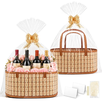 2 Set Baskets for Gifts Empty, Foldable Woven Basket for Gifts with Handles