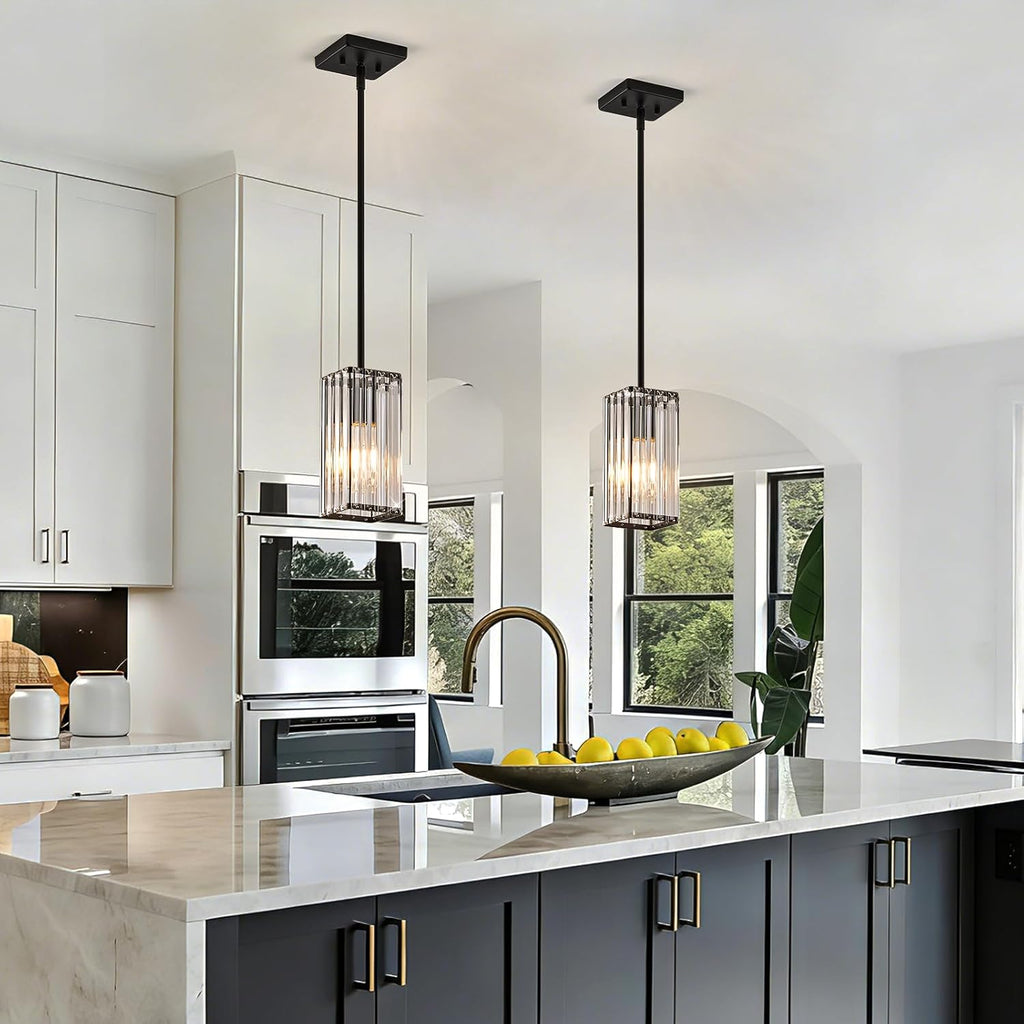 Modern Crystal Pendant Lights Kitchen Island, 3-Pack Black Hanging Light with Clear Crystal Shade, Adjustable Height