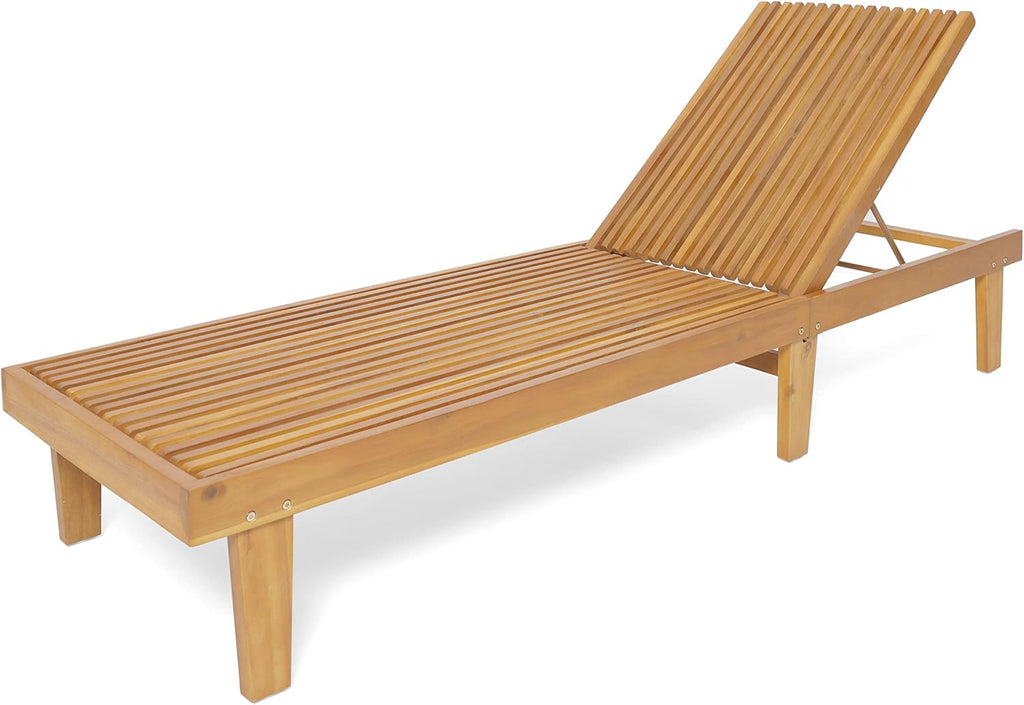 Outdoor Chaise Lounge Chair, Acacia Wood Frame Sunbathing Pool Lounger with 5-Position Adjustable Backrest, Patio