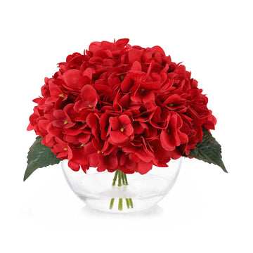 Faux Hydrangea Flowers in Vase, Silk Flowers in Vase with Faux Water Decor Indoor (Red)