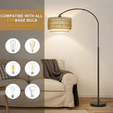 Rattan Floor Lamp, Arc Floor Lamps, Farmhouse Standing Lamp with Adjustable Hanging Fabric Shade