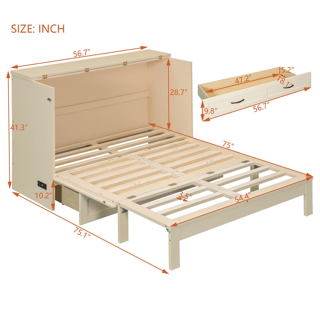 Full Murphy Bed with Large Drawers, Wood Cabinet Bed (Gold)