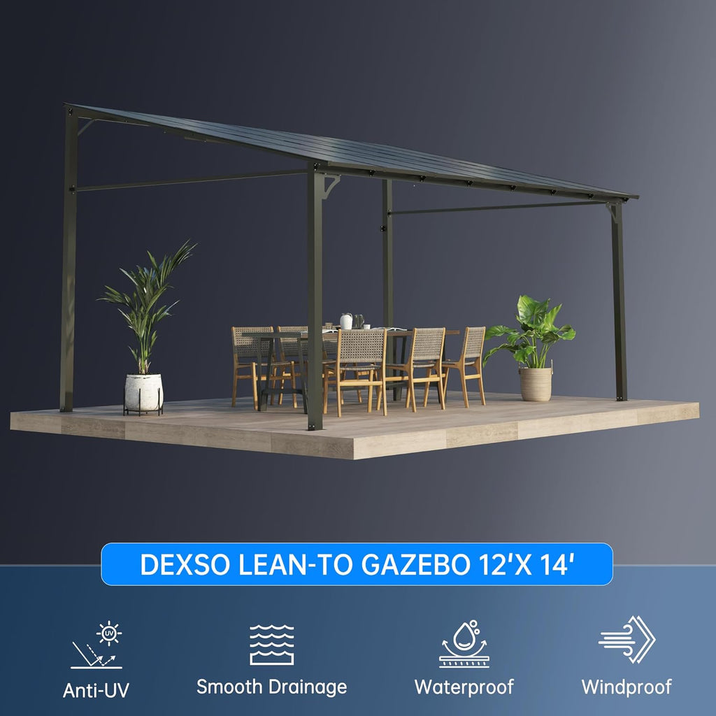 12'X14' Lean to Gazebo, Wall-Attached Hardtop Pergola with Anti-UV Polycarbonate Roof