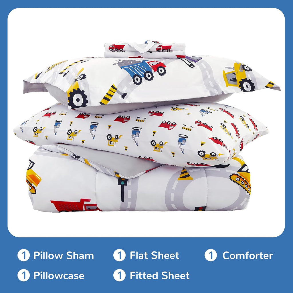 Kids Bedding Sets for Boys, Girls Soft Comforter Set with Sheets, 5 Pieces Microfiber Bed in a Bag, White