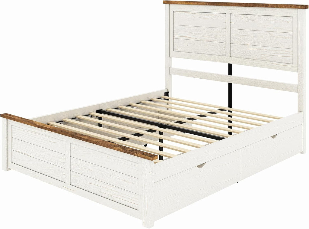 Queen Farmhouse Bed Frame with Headboard, Platform Bed with 4 Storage Drawers, Wood Bed Frame for Bedroom, Wood Slats