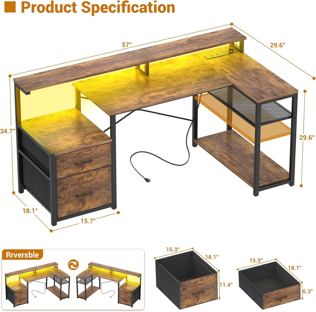 L Shaped Desk with File Drawer, Reversible L Shaped Computer Desk Gaming Desk with Power Outlet & LED Strip
