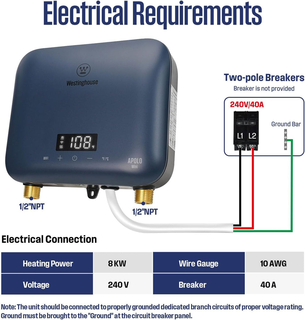 Apolo Mini 8kW Tankless Water Heater Electric, 240V Instant Hot Water Heater, Under Sink Water Heater Electric