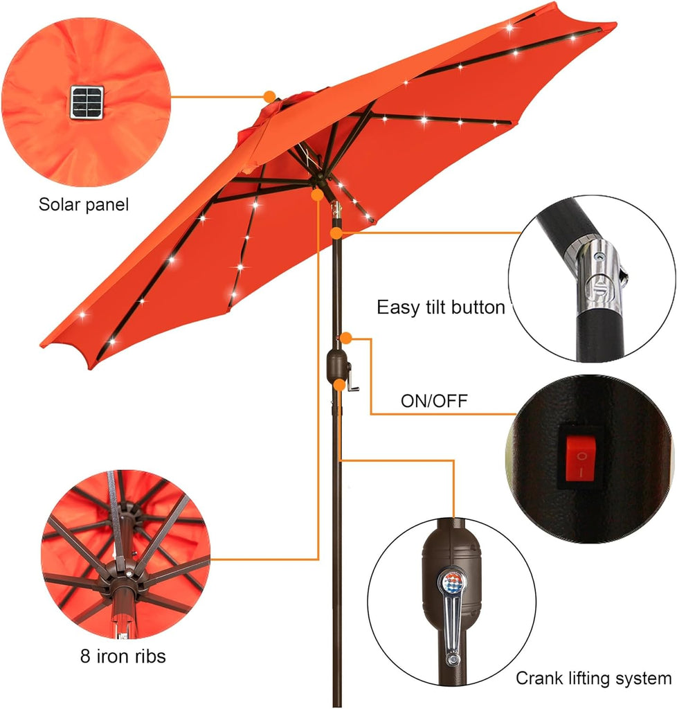 9 ft Solar Umbrella, 32 LED Lighted Patio Umbrella, Table Market Umbrella, Outdoor Umbrella Pool and Beach (Orange)