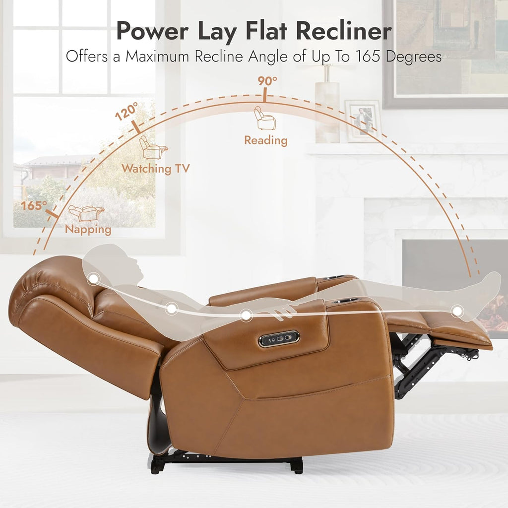 Genuine Leather Power Recliner Chairs for Adults, Lay Flat Recliner with Power Headrest, USB Ports and Cup Holders