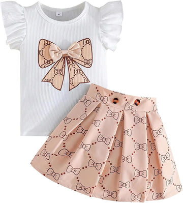 Toddler Girls Clothes Cap Sleeve T-Shirt + Bowknot Print 2pcs Summer Shorts Outfit Set For Girls, Years