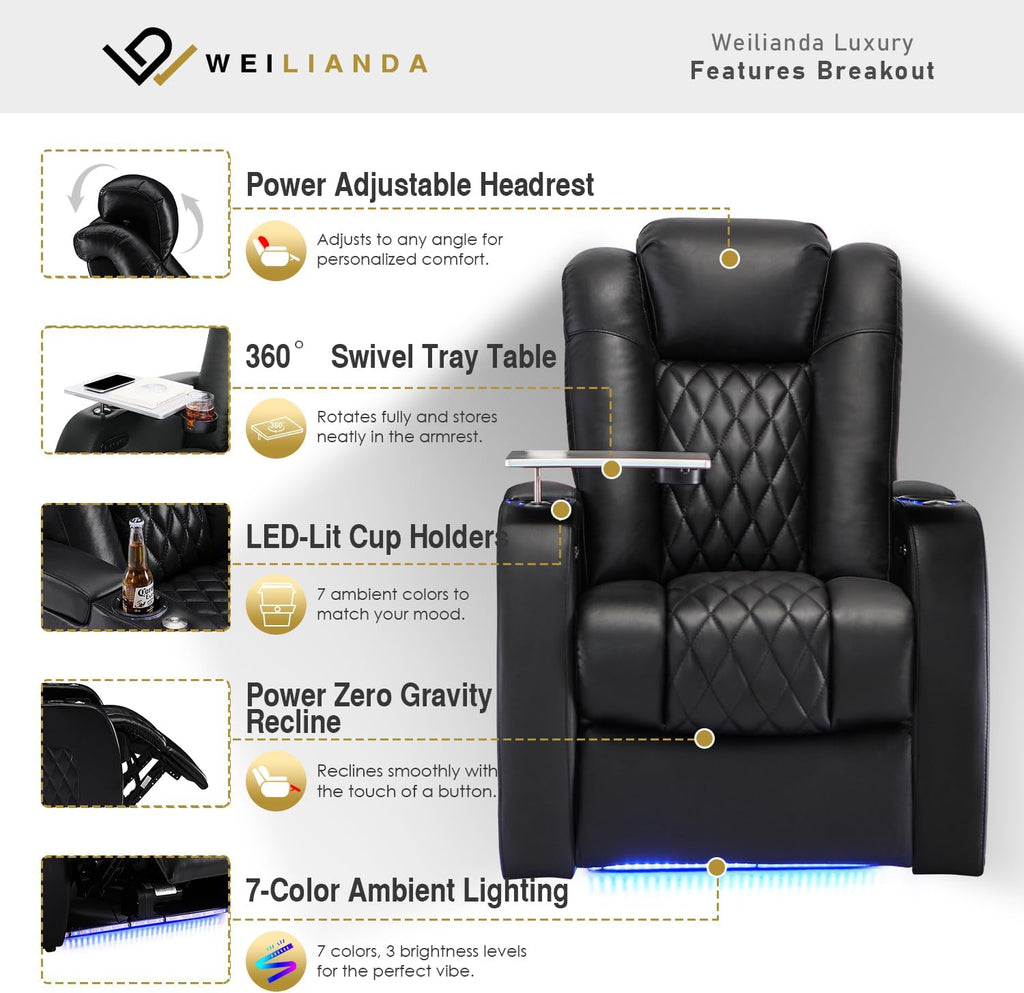 Home Theater Seating Top Grain Leather Zero Gravity Recliner Chair Power Headrest Recline Movie Seat Gaming 7 Colors