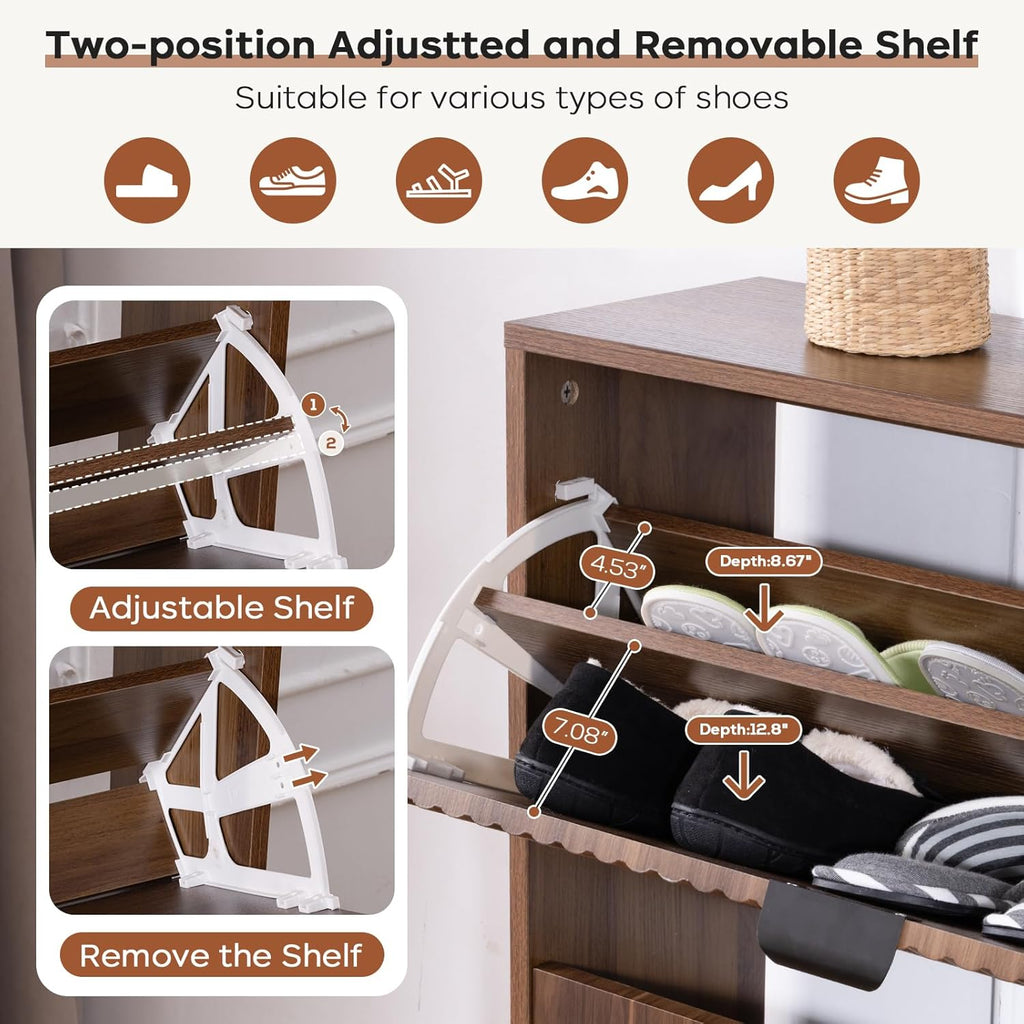 Shoe Cabinet Storage, Farmhouse Freestanding Organizer with 2 Flip Drawers and 4 Wooden feet, Narrow Shoe Rack
