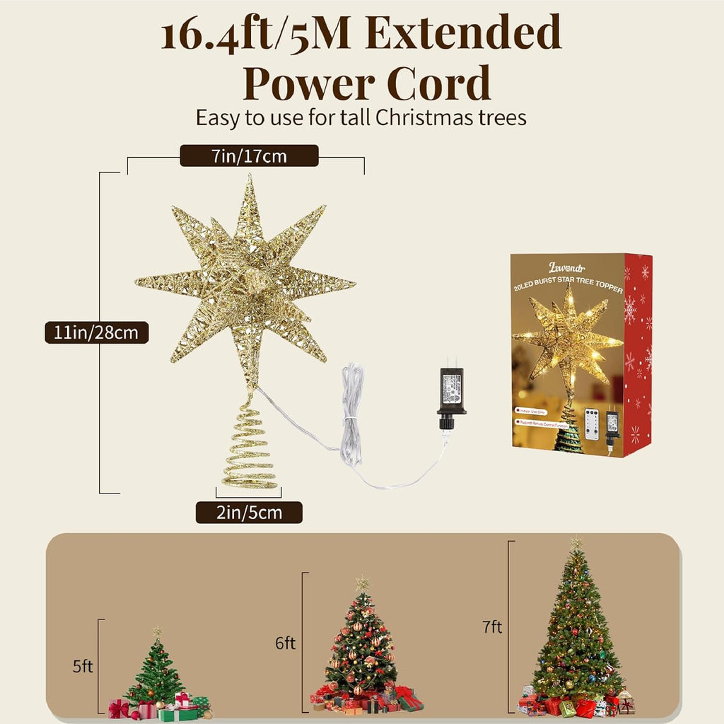 Christmas Tree Topper, Plug 3D Starburst Lighted Star Tree Topper