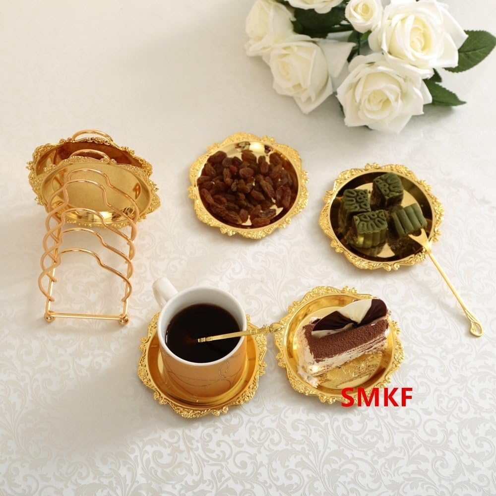 Collection Gold Coaster Creative Drink Coasters with Decorative Rack Non-Slip Metal Cup Mats Tabletop Display - Set of 6