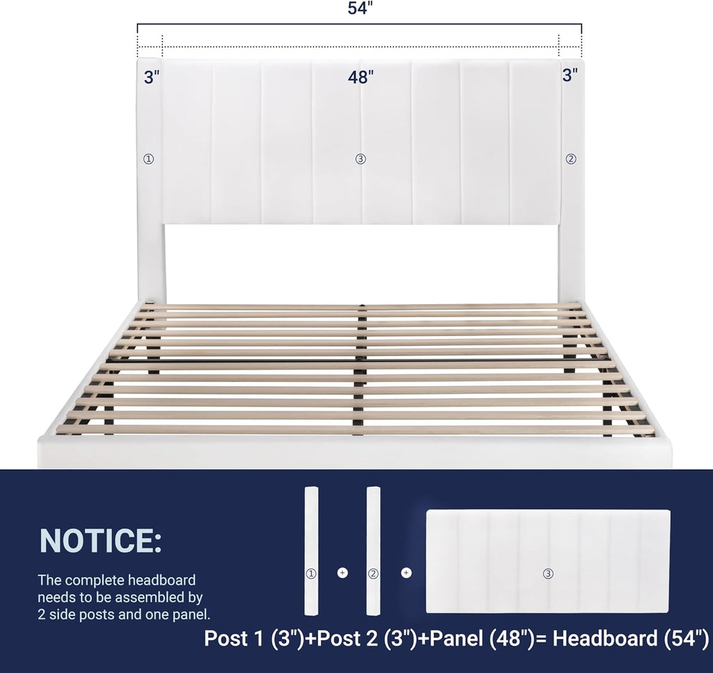 Full Bed Frame/Velvet Upholstered Bed Frame with Vertical Channel Tufted Headboard/Strong Wooden Slats/Platform Bed