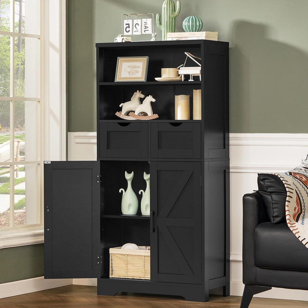 Storage Cabinet with Doors & 2 Drawers, Kitchen Cabinet with Adjustable Shelf, Pantry Cabinets, Bathroom Cabinets