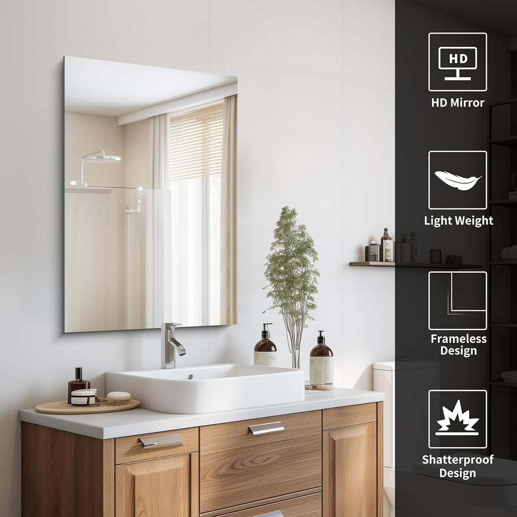 Frameless Mirror, 24x36 Rectangle Bathroom Vanity Mirror with Polished Edge, 3mm Tempered Glass, Wall Mounted