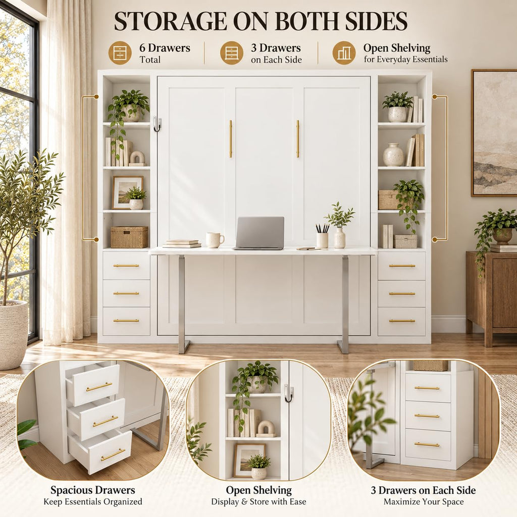 Murphy Bed with Desk Queen Foldable Wall Bed with Side Storage Cabinets